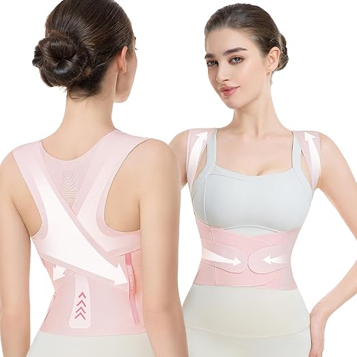 babaka Posture Corrector for Women, Invisible Lightweight Adjustable Back Brace for Upper and Lower Back Pain Relief, Hunchback, Hump, Scoliosis, Thoracic, Spine Corrector Under Clothes (Pink, Medium, Waist: 29''-35'')
