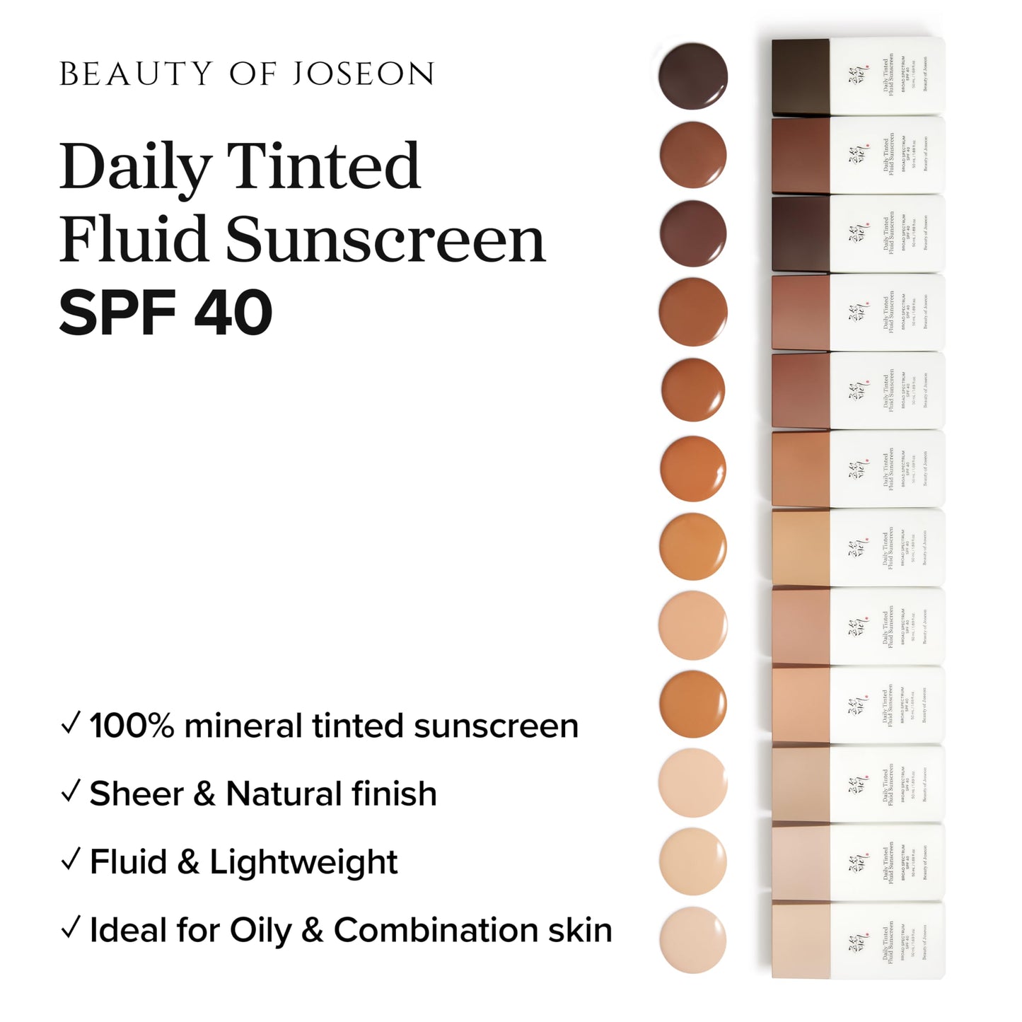 Beauty of Joseon Daily Tinted Fluid Sunscreen 12 Shades for Face Moisturizing Broad Spectrum SPF 40 Korean Skincare 50ml, 1.69 fl.oz #DY330