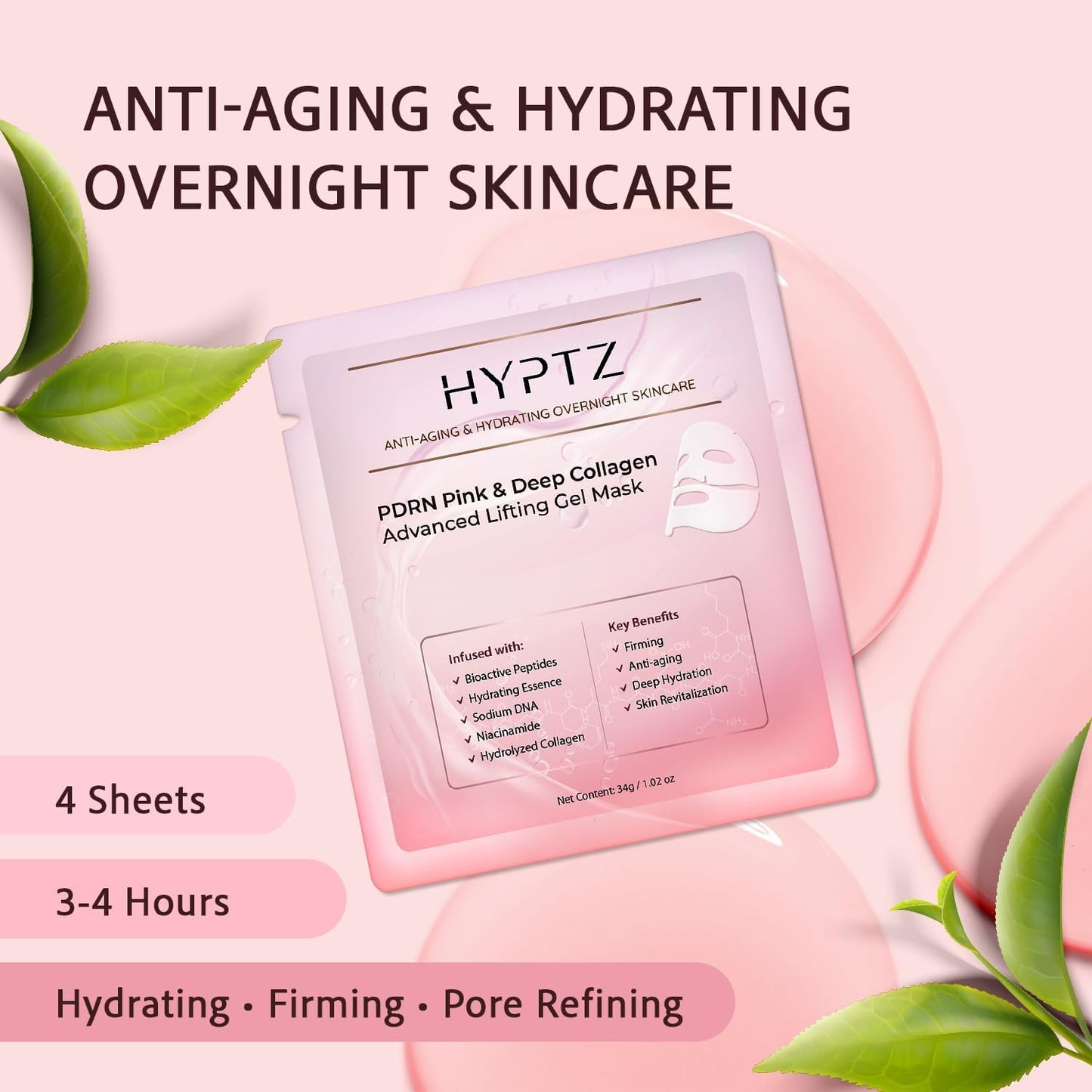 Salmon DNA PDRN Collagen Face Mask – Korean Skincare Hydrogel Overnight Collagen Face Mask for Glass Skin – Lifting, Firming, Moisturizing & Pore Refining – 4 Jelly Masks for Women and Men