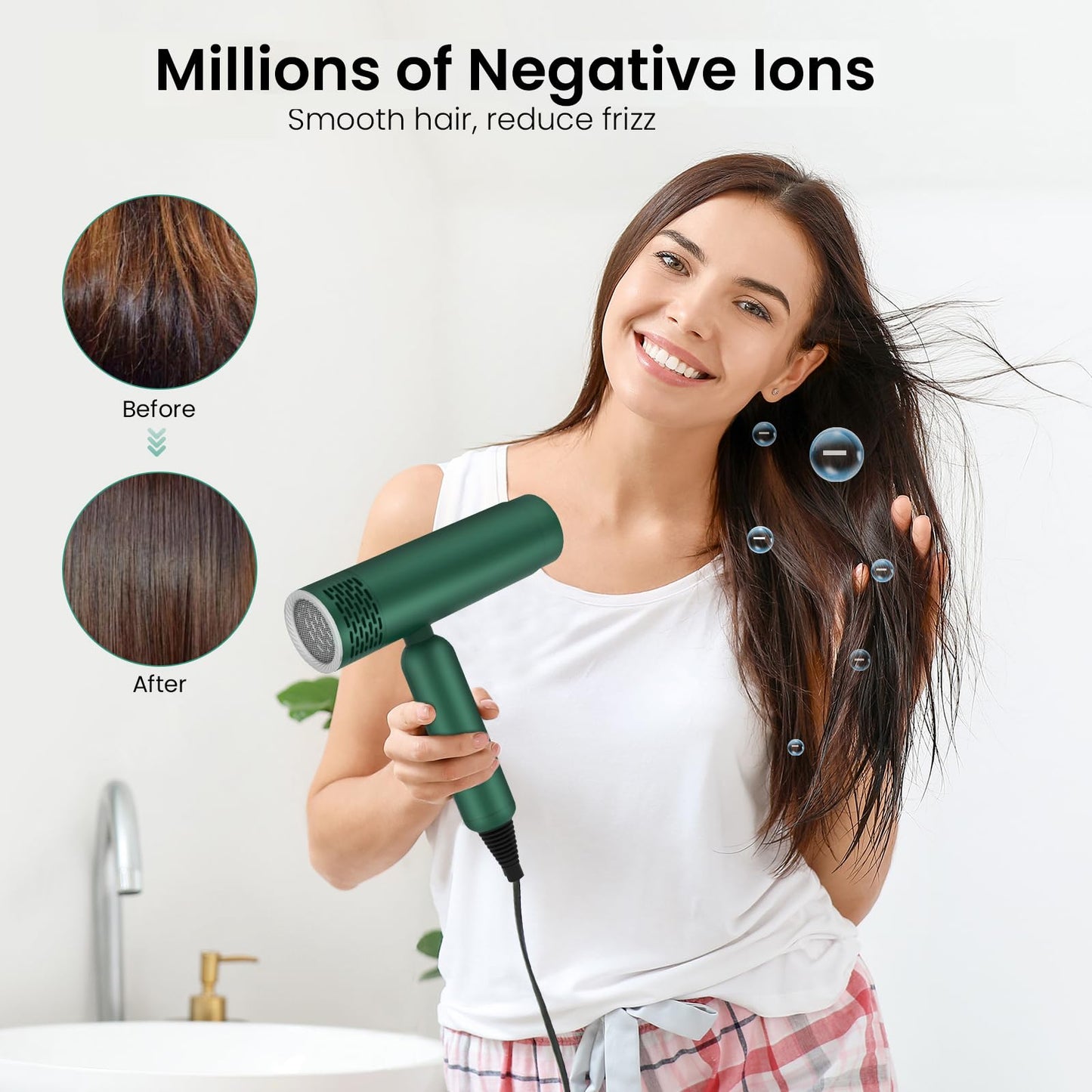 MattTravel Foldable Hair Dryer, Fast Drying Ionic Blow Dryer, Travel Hair Blow Dryer with Removable Nozzle and Storage Bag, Lightweight Portable Hairdryer for Women, Green