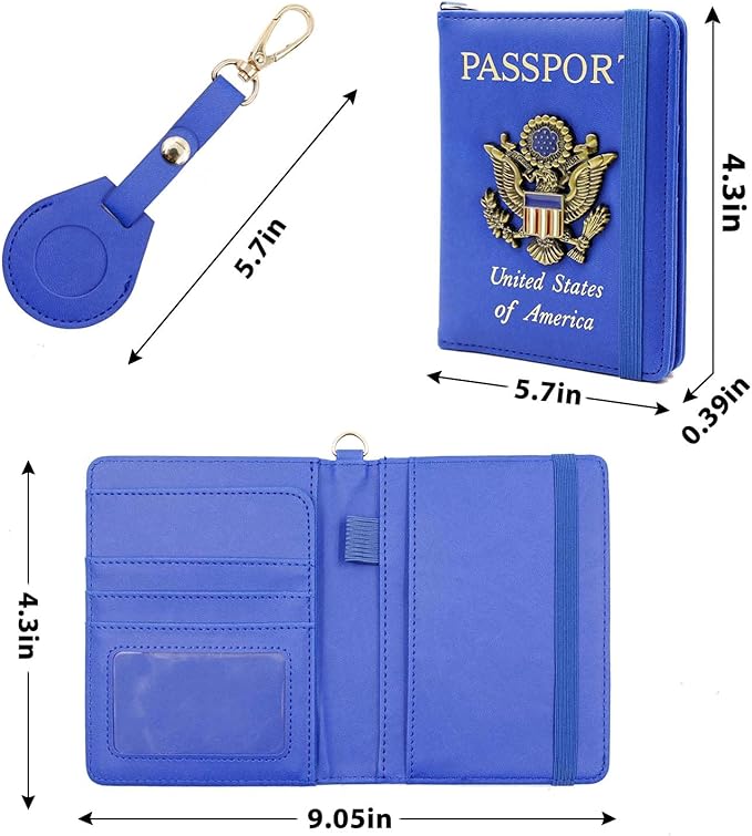 Cnycmy Passport Holder with Airtag Slot, Women's Travel Wallet, RFID Protection, Waterproof, Family Size (Dark Blue)