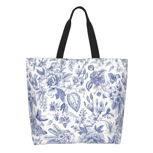 GVGOAGL Flower Blue White Leaves Tote Bag For Women, Large Waterproof Shoulder Bags Big Foldable Reusable Grocery Handbag For Travel Shopping Gym Sport Picnic Work Beach