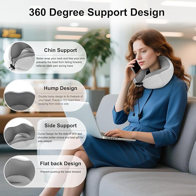 Travel Pillow Memory Foam Neck Pillow for Airplane Washable Silk Cover Ergonomic Neck Support Pillow with Storage Box