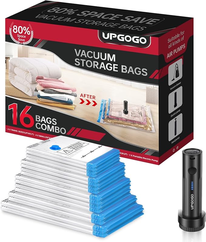 Combo 16 Pack Vacuum Storage Bags with Portable Electric Pump,Vacuum Seal Bags for Clothing,Space Saver Bags,Vacuum Travel Bags for Luggage