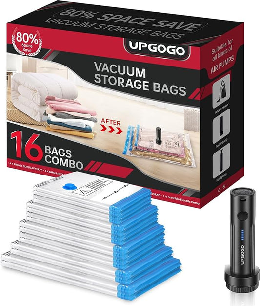 Combo 16 Pack Vacuum Storage Bags with Portable Electric Pump,Vacuum Seal Bags for Clothing,Space Saver Bags,Vacuum Travel Bags for Luggage