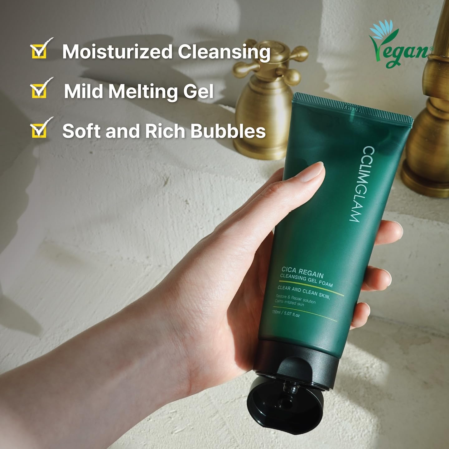 CCLIMGLAM CICA Regain Cleansing Gel Foam 150ml(5.07Fl.Oz), Vegan Mild Skin Barrier Cleanser for Sensitive, Pore and Sebum Care, Calming Soothing Effect, Clean Beauty, Korean Skin Care