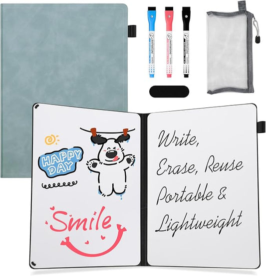 AGM Portable White Board Dry Erase Notebook, 12" x 9" Double Sided Folding Whiteboards with 3 Pens, Small Travel Dry Erase Board Skin-friendly Material for Study, Meeting, Planning, Ocean Blue