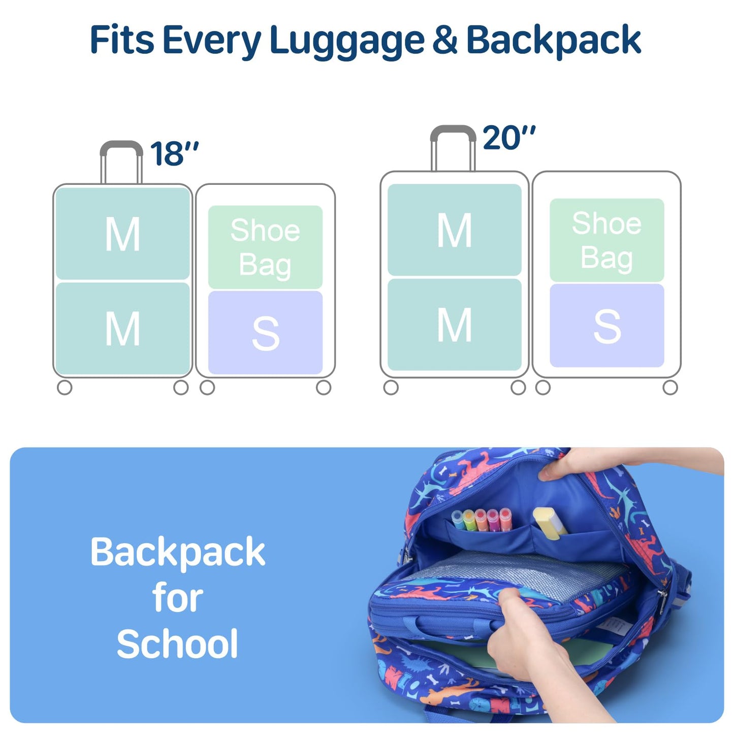 BrainyBees Kids Packing Cubes Compression - 4 Set Suitcase Organizers Bags for Travel and Backpack Luggage Organizer Set with Shoe Bag for Boys (Blue Dinosaur)