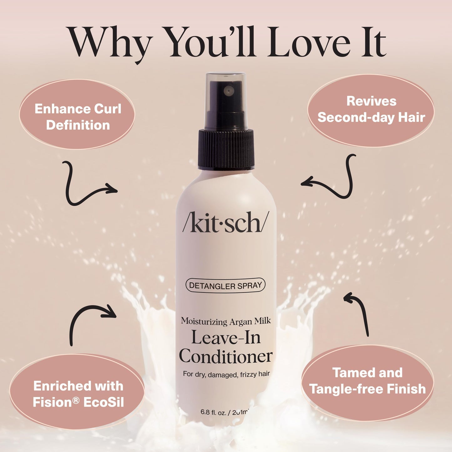 Kitsch Argan Milk Leave In Conditioner Spray – Lightweight Moisturizing Hair Spray for Women and Men - Hair Detangler Spray for Curly, Wavy, Fine, Dry & Damaged Hair - Silicone-Free - 6.8oz