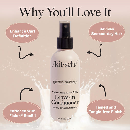 Kitsch Argan Milk Leave In Conditioner Spray – Lightweight Moisturizing Hair Spray for Women and Men - Hair Detangler Spray for Curly, Wavy, Fine, Dry & Damaged Hair - Silicone-Free - 6.8oz