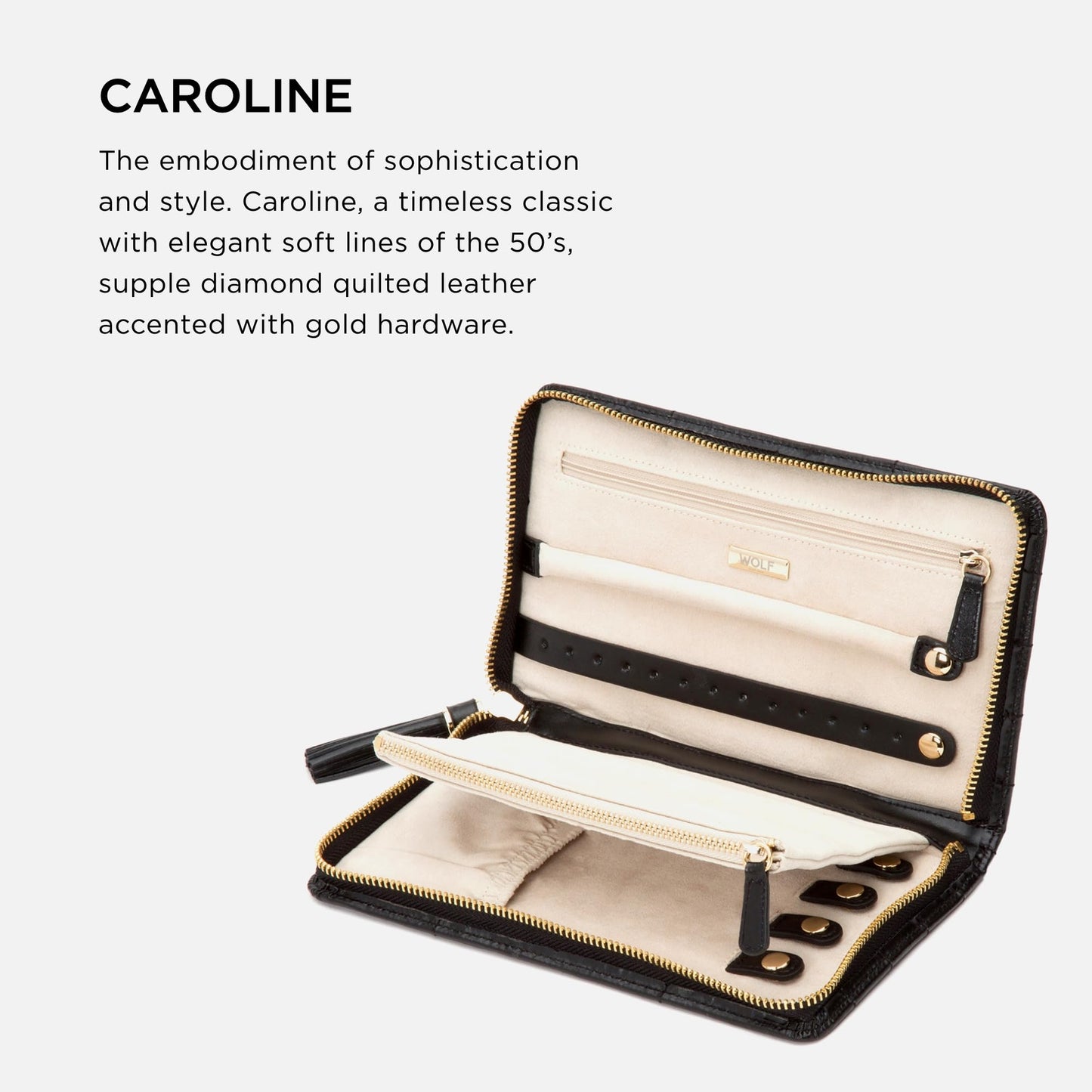 WOLF Caroline Jewelry Portfolio, Black - 13 Earring Holes, One Ring Roll, Two Compartments, Four Necklace Holders & Pocket - Anti-Tarnish LusterLoc Lining