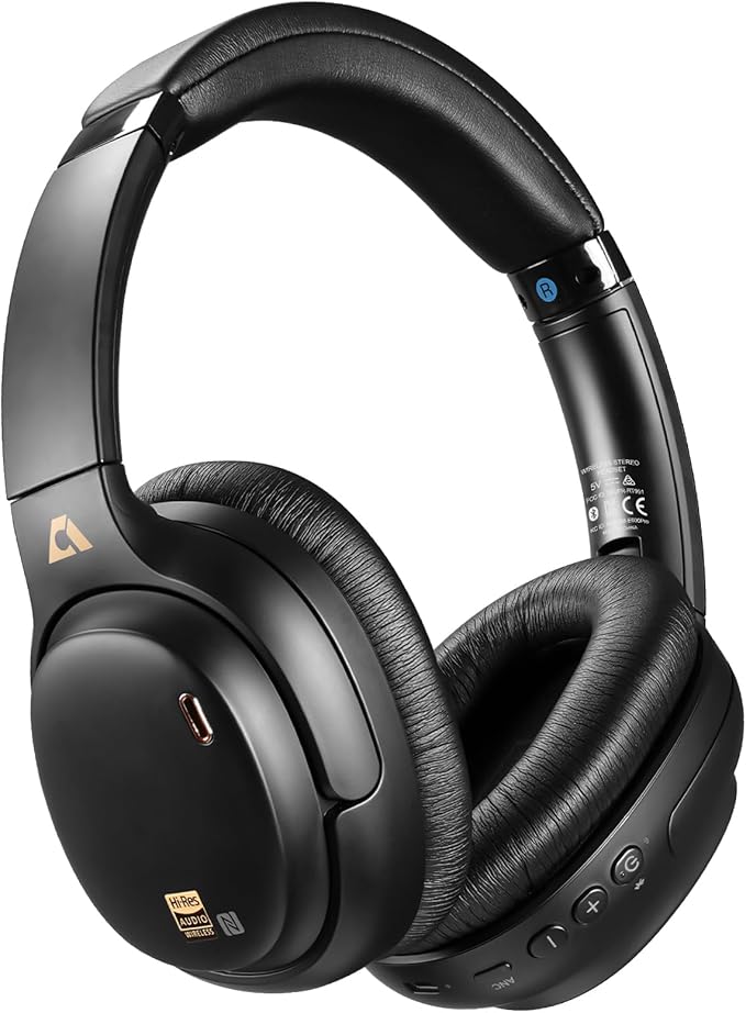 1Mii E700 Wireless Bluetooth Over Ear Headphones with Active Noise Canceling, Hi-Res Audio LDAC/aptX Low Latency for Airplane Travel Overhead Comfort, 54H Playtime, Custom EQ via App - Black