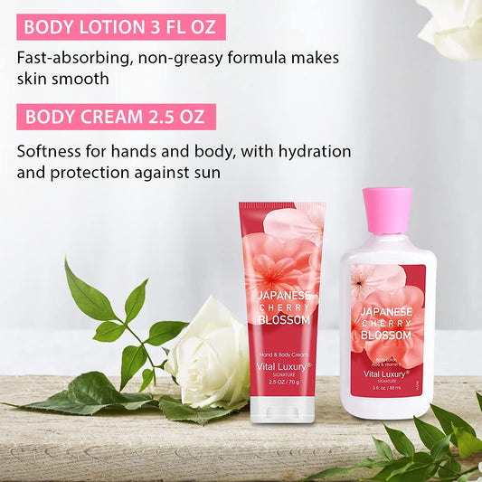 Bath and Body Care Gift Set for Women and Girls, Personal Self-Body Care Travel Set, Japanese Cherry Blossom Spa Home Set with Natural Extracts, 4 Pack - Shower Gel, Body Lotion, Body Mist, Hand Cream