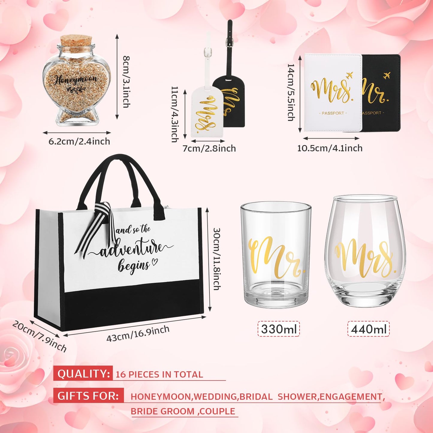 Sunnychicc 16 Pcs Wedding Honeymoon Gifts for Couple Mr Mrs Newlyweds Bridal Shower Engagement Gifts with Glass Date Night Dice Passport Baggage Holder Jar Tote Bag(Mr and Mrs)