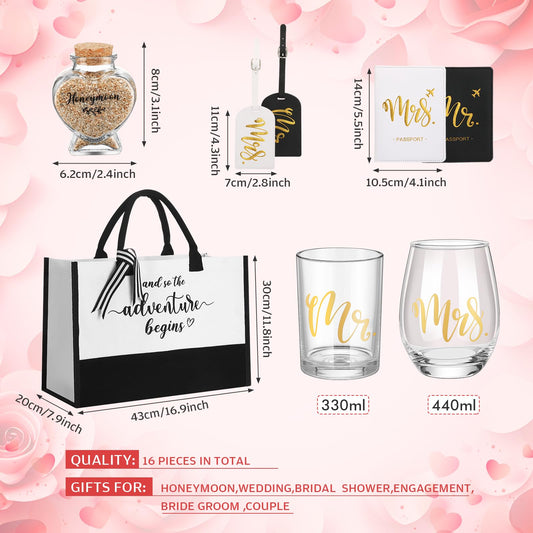 Sunnychicc 16 Pcs Wedding Honeymoon Gifts for Couple Mr Mrs Newlyweds Bridal Shower Engagement Gifts with Glass Date Night Dice Passport Baggage Holder Jar Tote Bag(Mr and Mrs)