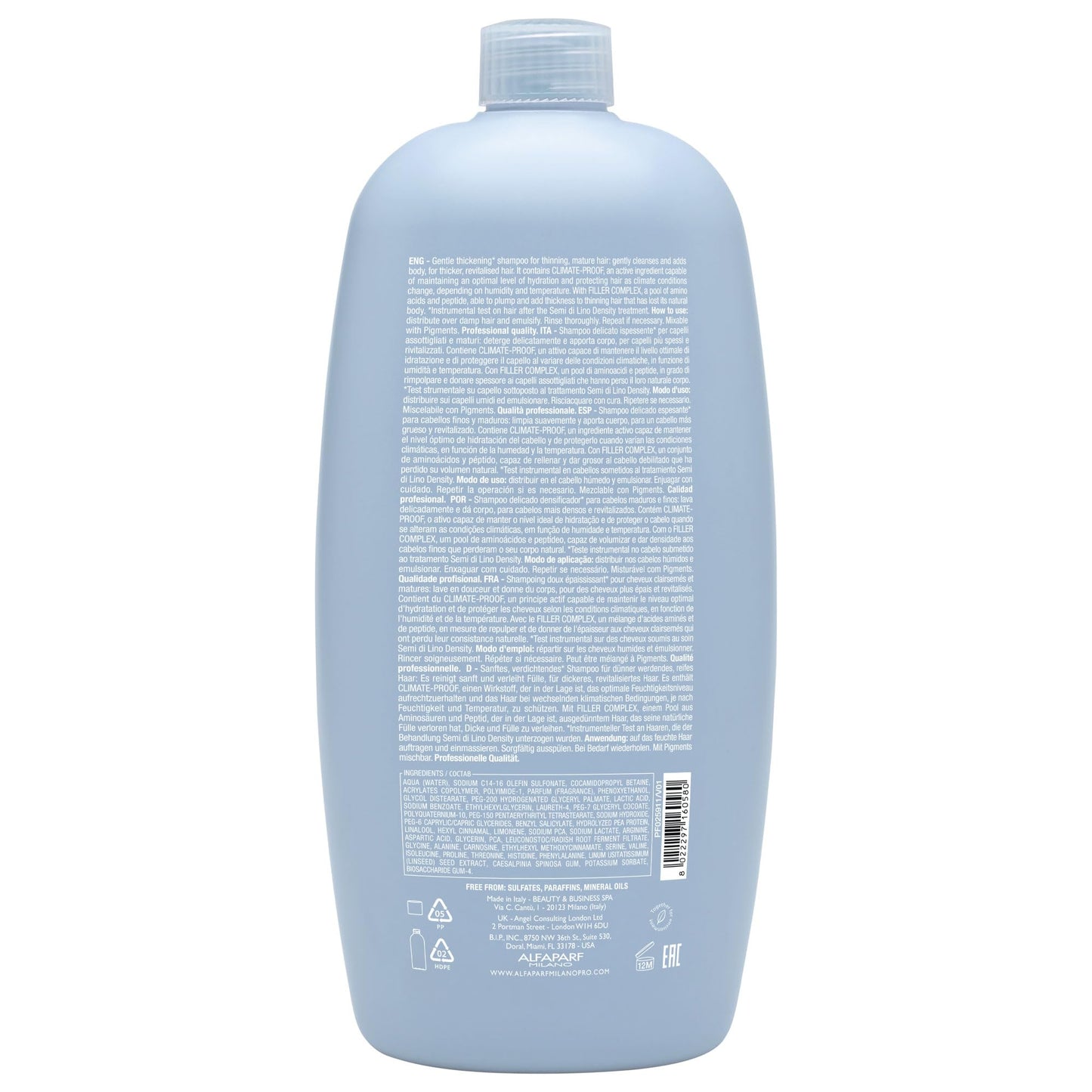 Alfaparf Milano Semi Di Lino Density Shampoo - Sulfate-Free Hair Thickening Formula - Gentle Cleanser with Filler Complex - Protects & Hydrates for Long-Lasting Color (33.8 Fl Oz)