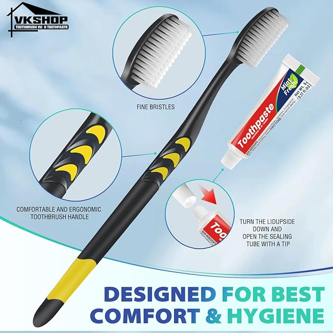 24 PS Individual Wrapped Travel Toothbrush Set with Toothpaste, Bulk Disposable Toothbrushes Kit，Soft Toothbrushes for Adults for Travel, Hotel, Business Trips，Daily Backup（Black,Toothpaste 5g）