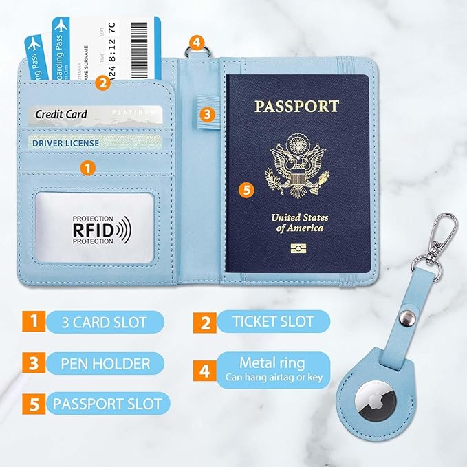 Cnycmy Passport Holder with Airtag slot,Passport-Wallet-Holder for Women,for Family, Rfid Passport Book Card Slot Waterproof, passport holder for travel (light blue1)