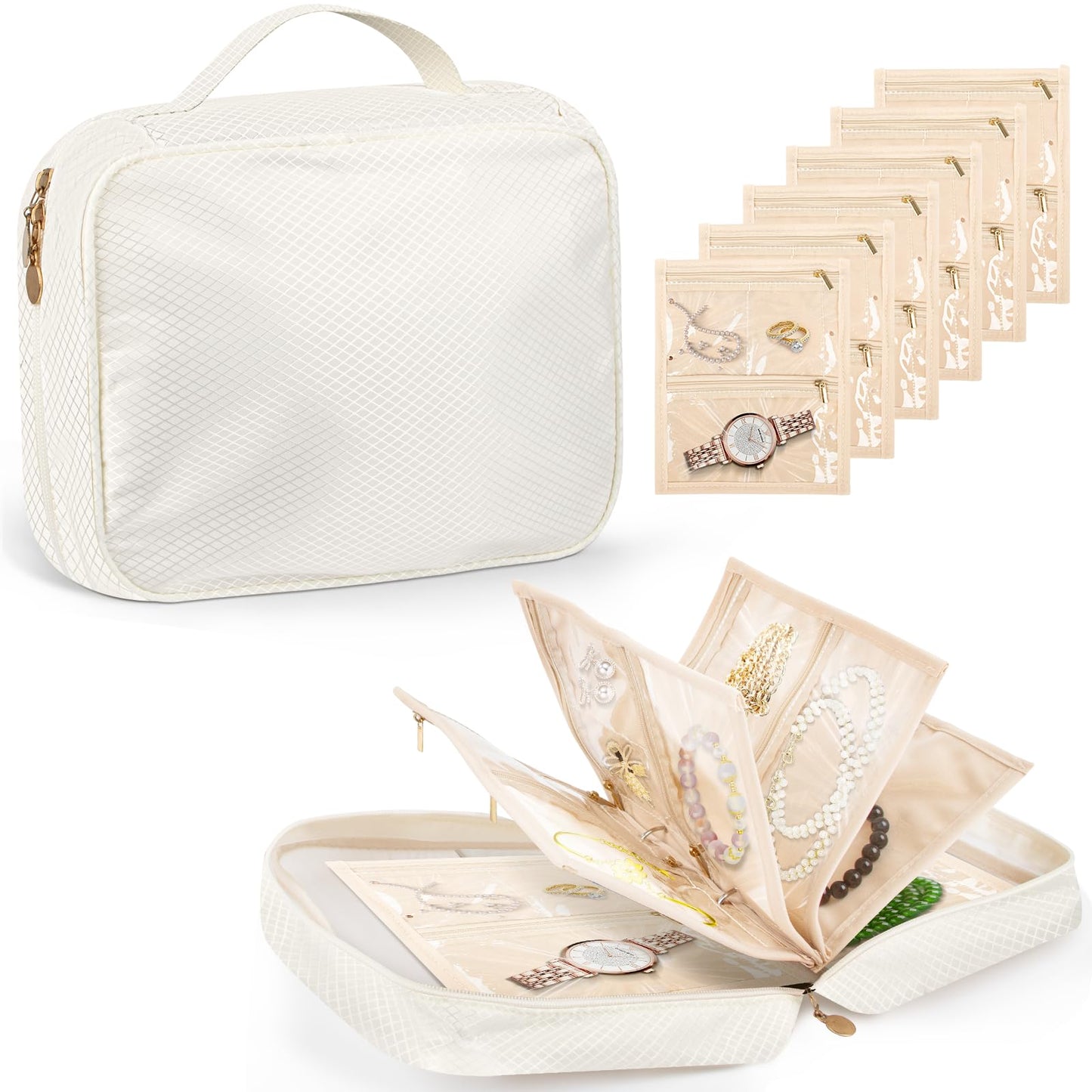 Dayacoco Travel Jewelry Organizer, Jewelry Storage Case Box with 6 Transparent Portable Clear Zipper Velvet Pouches for Earrings, Necklaces, Rings, Bracelets, Traveling, Gifts for Women (Beige)