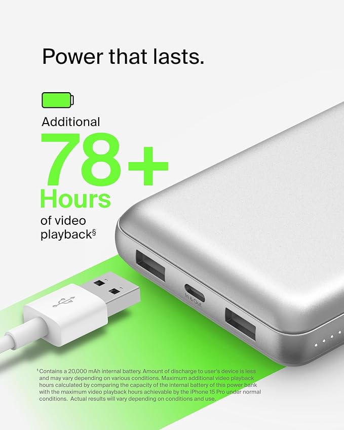 Belkin Portable Charger, USB-C Power Bank 20000 mAh w/ 1xUSB-C Port & 2xUSB-A Ports, 15W w/Type-C to Type-A Cable for iPhone 17, Samsung Galaxy S25, Nintendo Switch 2, Google Pixel 10, etc. - Silver