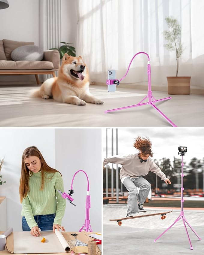 Aureday Phone Tripod, 92" Cell Phone Stand with 15" Gooseneck, Remote and Phone Holder, Overhead & Selfie Stick for Recording/Watching/Vlog, Compatible with iPhone Android, Pink