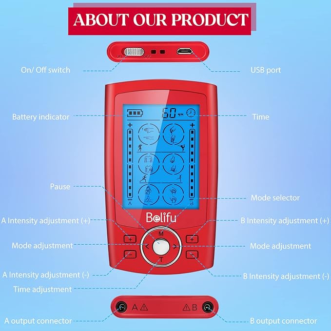 Belifu Dual Channel TENS EMS Unit with 12 Pads, 24 Modes Muscle Stimulator, Electronic Pulse Massager Muscle Massager for Pain Relief Therapy, Fastening Cable Ties, Dust-Proof Drawstring Storage Bag