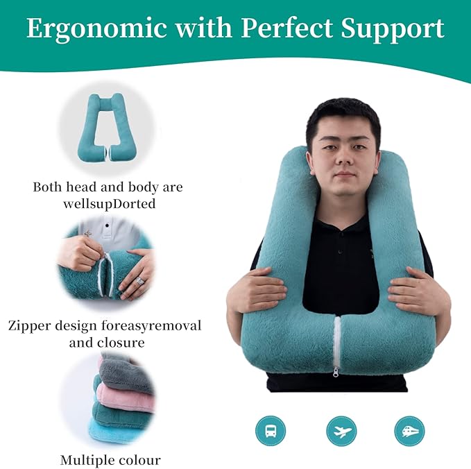 Travel Pillow Upgraded Version of Aircraft Travel Neck Pillow with Storage Bag, Sleep Pillows for Travel by Train, Car, or Plane, Supporting The Head and Body, Travel Pillow for Kids