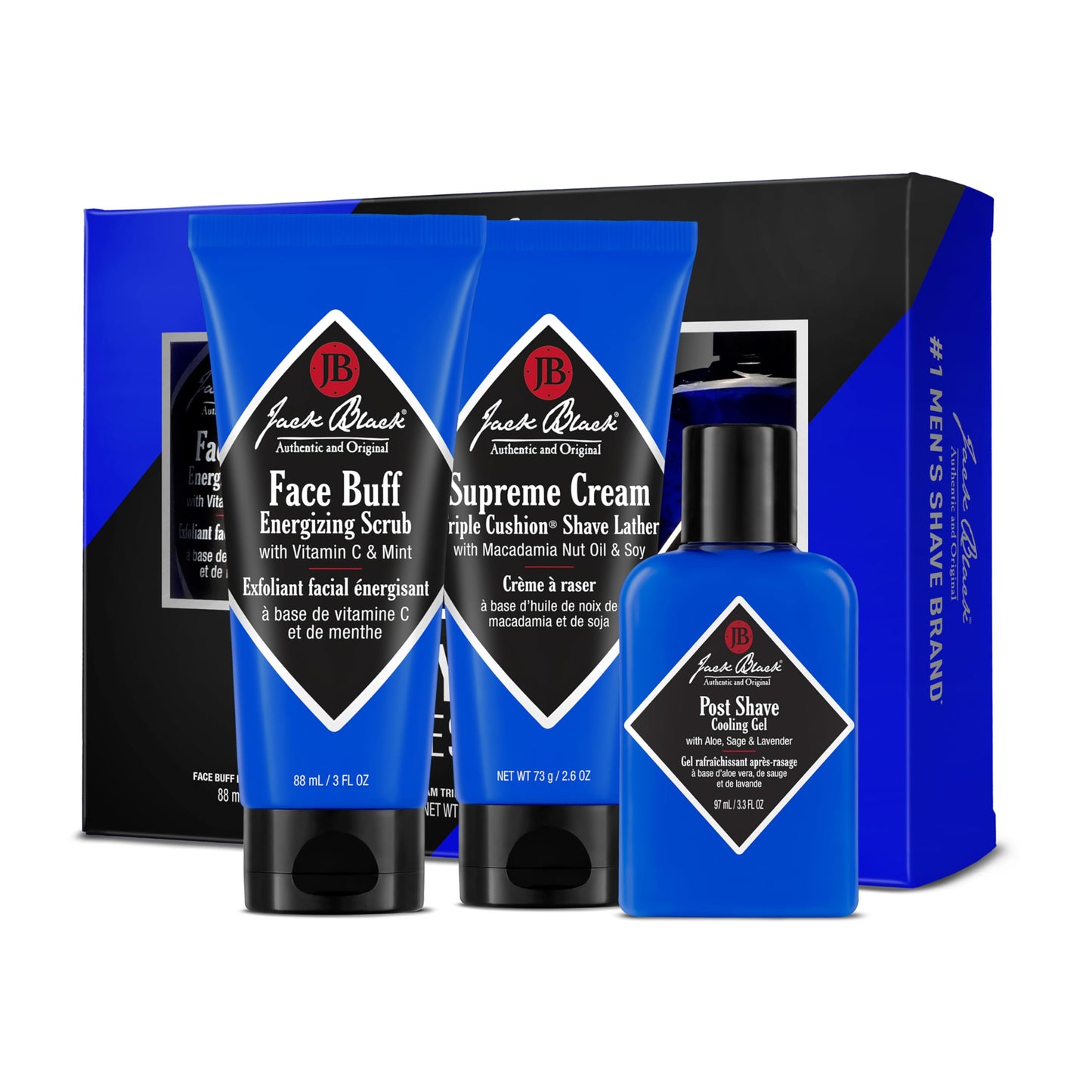 Jack Black Three You Need Shave Essentials Set for Men – Face Scrub, After Shave Cooling Gel, Shave Lather, Mens Skin Care Kit, Men's Skincare Gift Set
