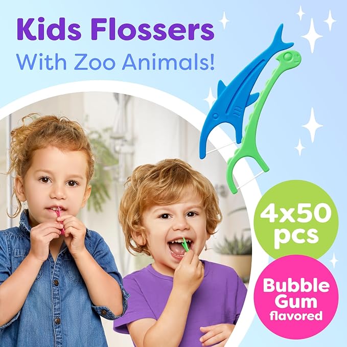 Kids Flossers 4 Pack (200 Count) – Fun Animal-Shaped Floss Picks for Kids, Bubble Gum Flavor, Easy Glide Between Teeth, Helps Prevent Tooth Decay & Gum Disease