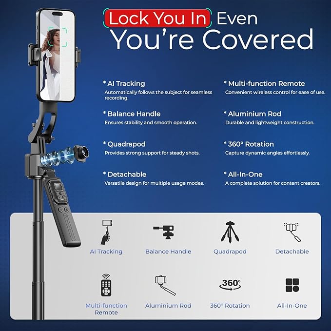 64" Phone Tripod Quadrapod with Wireless Remote & AI Face Tracking - Adjustable Selfie Stick Compatible with iPhone & Android, 360° Gimbal, Gesture Control, Portable Phone Holder for Video Recording