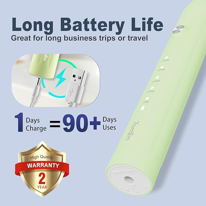 7AM2M Sonic Electric Toothbrush for Adults and Kids, with 8 Brush Heads and Travel Case,5 Modes with 2 Minutes Build in Smart Timer, One Charge Use for 90 Days, Rechargeable Toothbrushes (Light Green)
