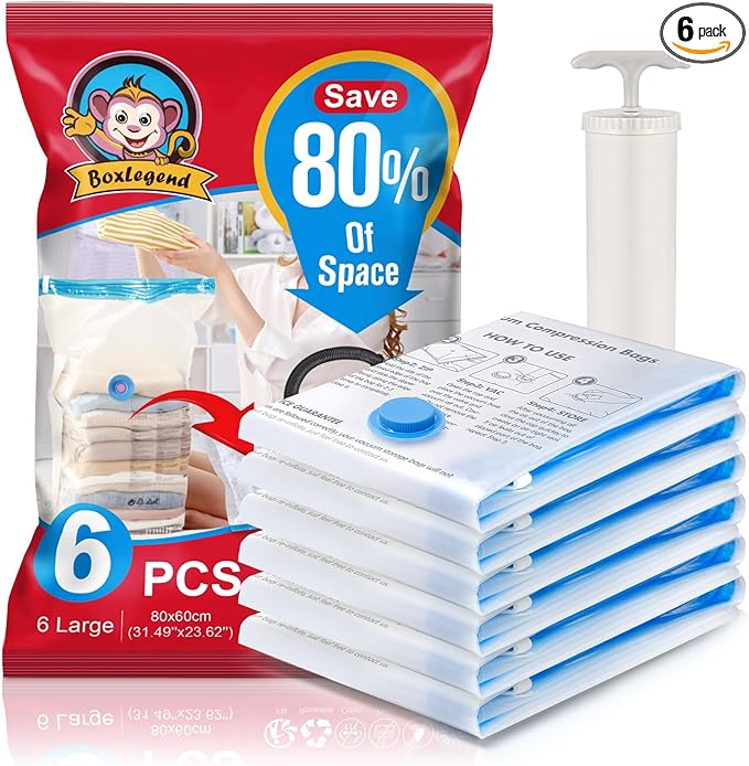 BoxLegend Vacuum Storage Bags with Hand Pump 6 Large 23.6’’x31.5’’ Thickened Vacuum Seal Bags for Clothing Coat Bedding Quilt Blanket Pillow Comforters