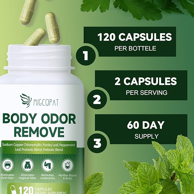Chlorophyll Body Deodorizing Supplement with 10 Billion CFU Probiotic, Vitamin C & E, Parsley, Peppermint, Green Tea, Prebiotics, Chlorophyll Capsules Supports Breath & Whole-Body Freshness, 120 Caps