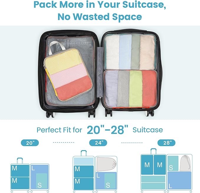 Cambond Compression Packing Cubes for Travel - 5 Set Multi-color See Through Mesh Compression Cubes for Travel Essentials, Space Saving Luggage Packing Organizers Bags for Carry on Suitcases