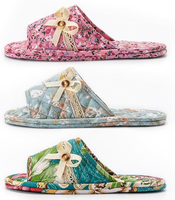 3 Pairs Floral Cotton House Slippers for Women, Open Toe Indoor Slippers Comfortable Washable Portable Foldable Guest Travel Hotel Airplane Spa Slippers