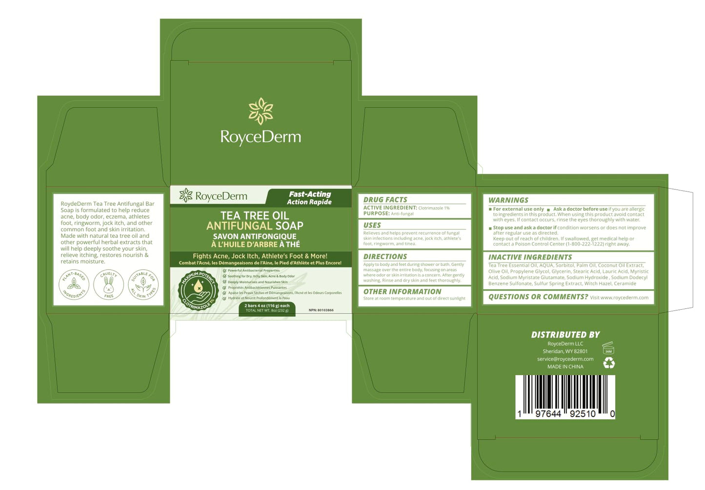 Roycederm Antifungal Antibacterial Tea Tree Soap: Antifungal Antibacterial Treatment for Face & Body Acne, Athlete's Foot, Tinea, Folliculitis Ringworm Jock Itch (Pack of 1)