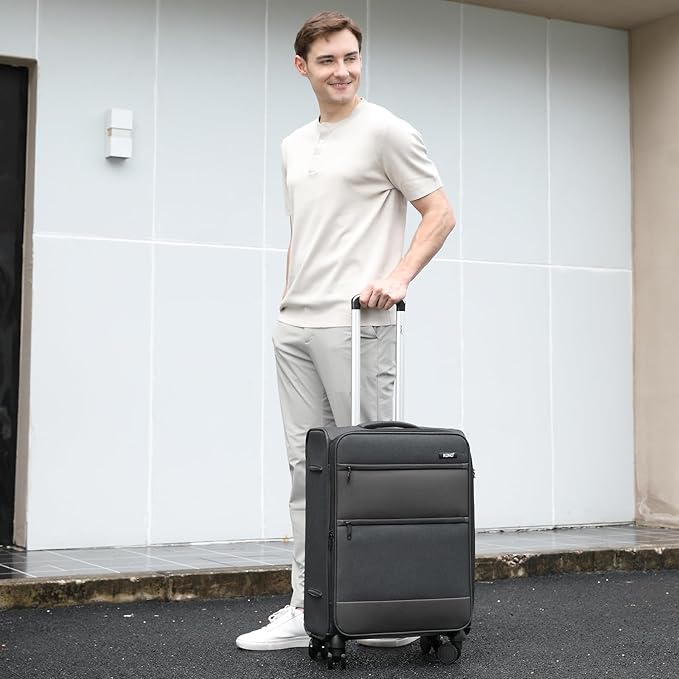 Kono 24 Inch Softside Expandable Checked Luggage with 8 Spinner Wheels TSA Lock Softshell Lightweight Business Travel Suitcase for Men and Women, Black