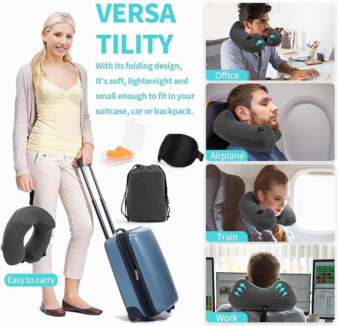 Inflatable Travel Neck Pillow for Airplane, Head Support Velvet Adult Neck Pillow for Long Flight, Kit with Eye Mask, Earplugs and Storage Bag,1, Dark Gray