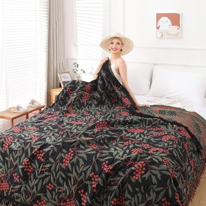 Boho Throw Blankets 90"x98",100% Organic Cotton Blanket Floral Printed Bed Blankets Lightweight Muslin Throw Cotton Quilts Knitted Travel Muslin Farmhouse Cozy Blankets