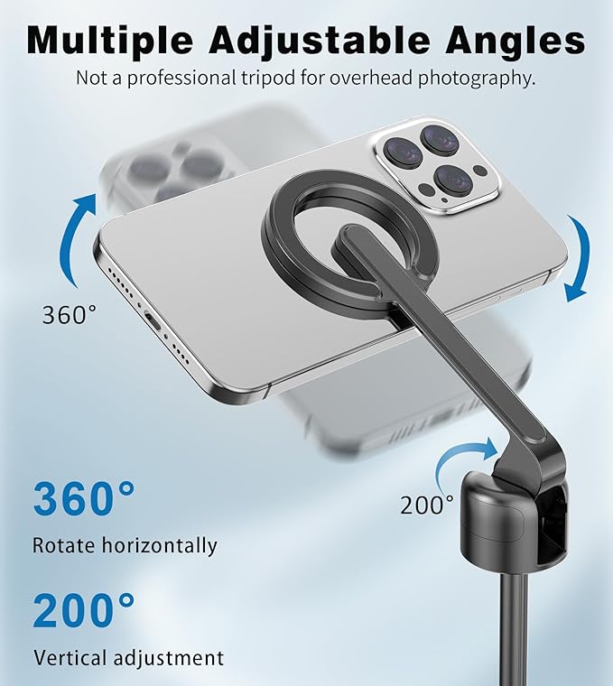 68" Magnetic Selfie Stick Tripod for iPhone,Portable Cell Phone Tripod Stand for Magsafe with Rechargeable Remote, 360° Rotation Aluminum Phone Holder for Video Recording/Live Stream/Travel Black