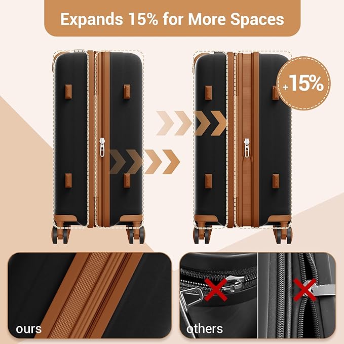 Kono 20 Inch Expandable Hard-Shell Suitcase, Ideal For Short Trips, Durable PP Material, With Hidden Cup Holder & TSA Lock, Black/Brown