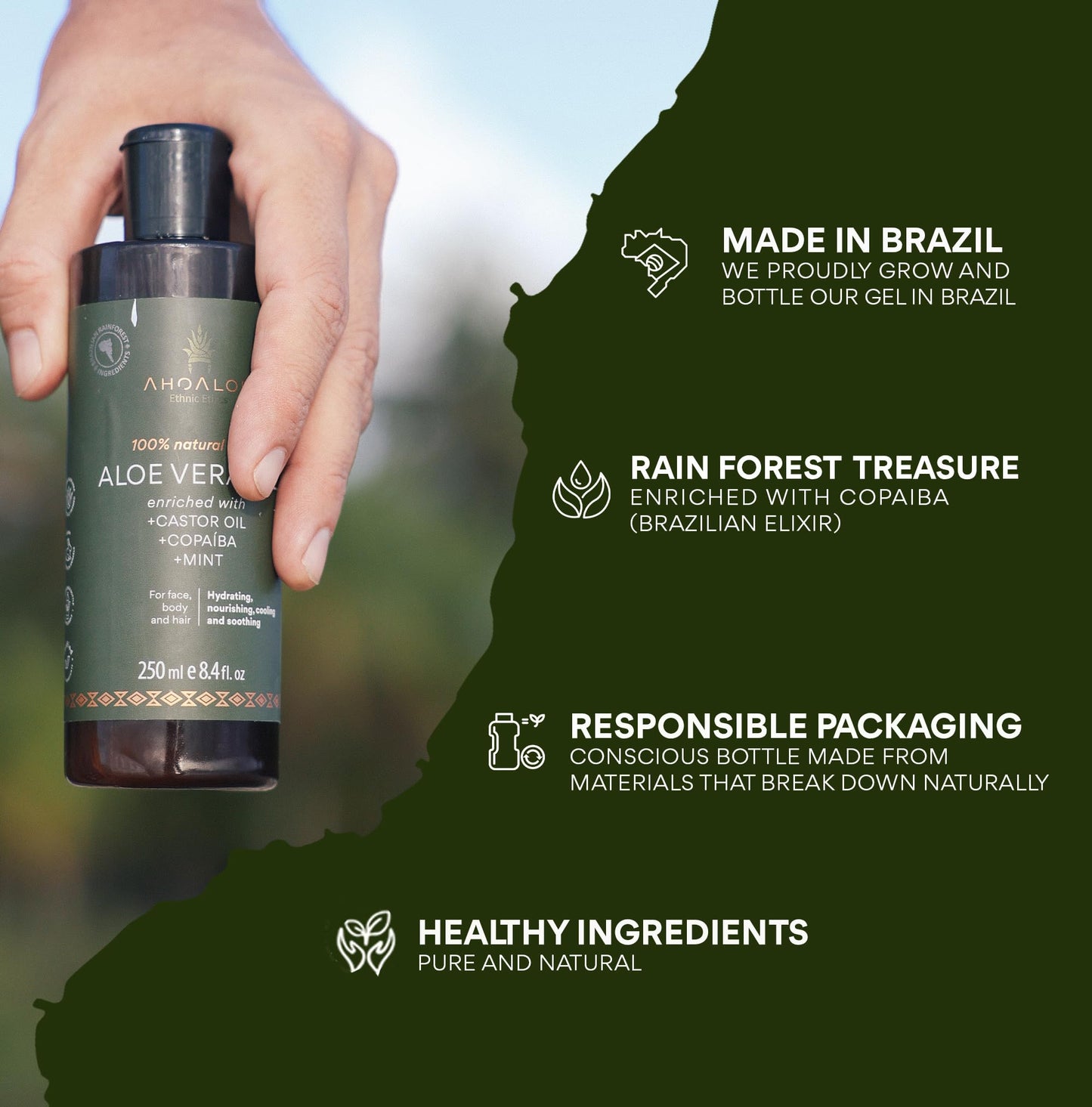 AHOALOE Brazilian Aloe Vera Gel - Multipurpose Moisturizing Natural Gel with Copaiba, Castor Oil and Fresh Mint and Natural for Face, Skin and Hair - After Sun Care, Sunburn Relief 8.4oz