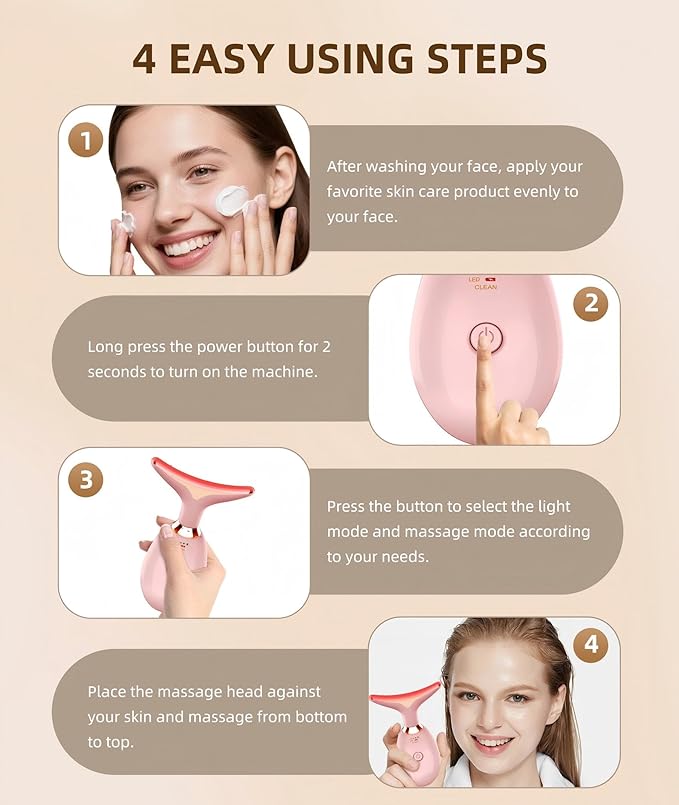 7 Color Face and Neck Massager Light Therapy, Red Light Based Facial Massager for Skin Care, Firming, Smoothing (Rose Golden)