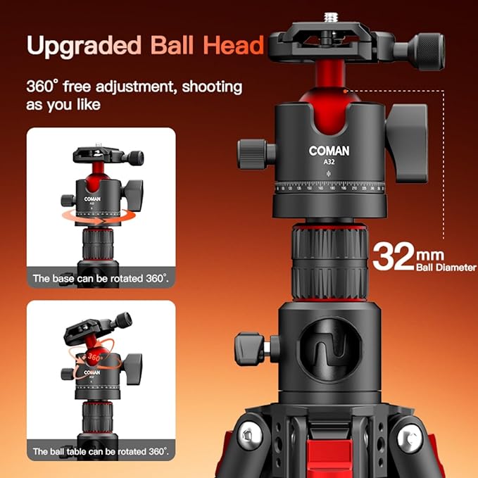 COMAN 72" Overhead Tripod, Camera Tripod with Center Column and 360 Degree Ball Head, Detachable Monopod with Arca QR Plate, Horizontal Tripod for Camera, DSLR, Max Load 5KG