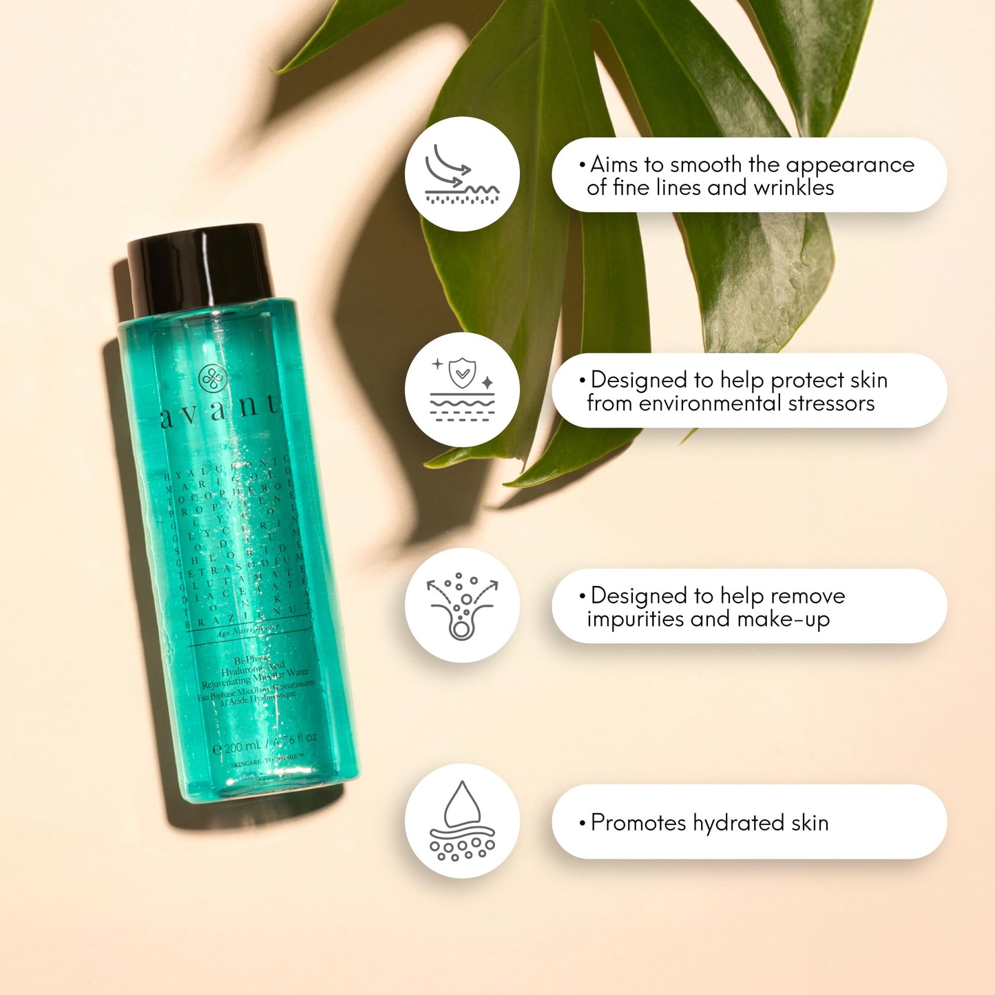 Avant | Bi-Phase Hyaluronic Acid Rejuvenating Micellar Water | 1x 6.76 fl oz | Anti-Ageing, Brightening, Helps Reduce Wrinkles & Improve the Appearance of Sagging Skin & Uneven Skin Tone