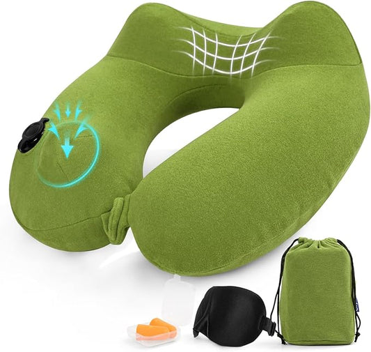 Inflatable Travel Neck Pillow for Airplane, Head Support Velvet Adult Neck Pillow for Long Flight, Kit with Eye Mask, Earplugs and Storage Bag,1, Green