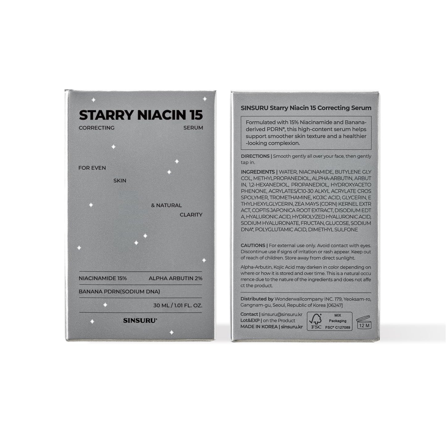 SINSURU 15% Niacinamide + Alpha Albutin + Banana PDRN Starry Niacin 15 Correcting Serum – Potent Brightening Serum for Uneven Tone & Dark Spots, Fragrance-Free | Korean Skincare (1.01 fl.oz / 30ml)