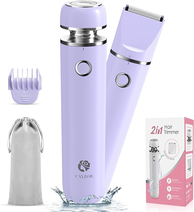 Bikini Trimmer and Shaver Kit for Women - 2-in-1 Wet/Dry Electric Body Hair Trimmer Facial Hair Removal Cordless Waterproof Bikini Shaver Razor for Face Lip Chin Pubic Underarm Legs (Purple)