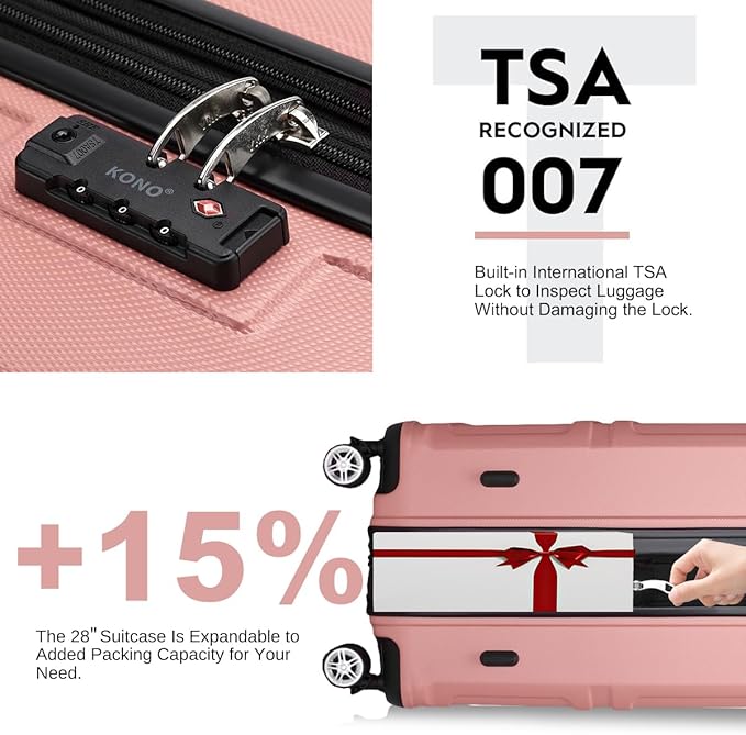 Kono 4 Piece Luggage Sets Expandable(only 28") Lightweight with Spinner Wheels TSA Lock Hardside Travel Rolling Suitcases 20in 24in 28in Carry on and 12in Mini Cosmetic Case Nude/Rose Pink