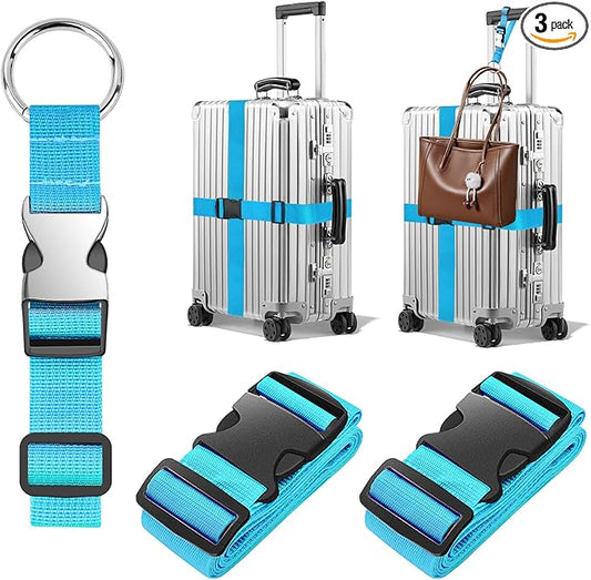 BILIONE 2Pcs Luggage Straps for Suitcases with Add A Bag Strap, Adjustable Luggage Identifiers Nylon Travel Belt TSA Approved (Blue)